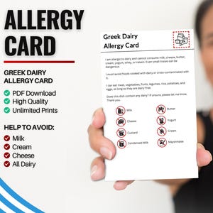 Cartão grego de alergia a laticínios para viagens e restaurantes | Alergia ao leite e laticínios na Grécia (download digital)