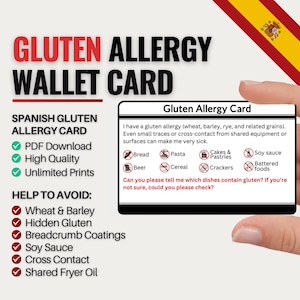 May include: A gluten allergy wallet card with the text "Gluten Allergy Card" and a list of foods to avoid. The card also lists items that may contain gluten. The card is held by a person.