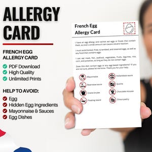 Tarjeta de alergia al huevo para viajes y restaurantes / Alergia al huevo en Francia (Descarga digital)