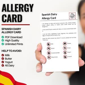Spaanse zuivelallergiekaart voor reizen en restaurants | Melk- en zuivelallergie in Spanje (digitale download)