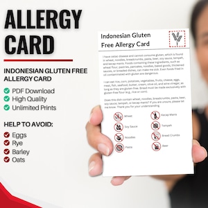Indonesische glutenvrije allergiekaart voor reizen en restaurants | Tarwe- en glutenvrije/coeliakie-allergie in Indonesië (digitale download)