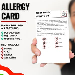 Italiaanse allergiekaart voor schaaldieren voor reizen en restaurants | Allergie voor garnalen en schaal- en schelpdieren in Italië (digitale download)