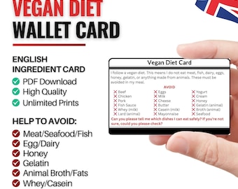 Vegan Dining Card | Vegan Allergy Card for Restaurants, Cafés & Dining | For International Travel and English-Speaking Regions