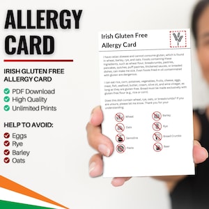 Ierse glutenvrije allergiekaart voor reizen en restaurants | Tarwe- en glutenvrije/coeliakie-allergie in Ierland (digitale download)