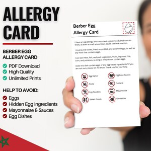 Carte berbère d'allergies aux œufs pour les voyages et les restaurants | Allergie aux œufs au Maroc (téléchargement numérique)