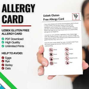Oezbeekse glutenvrije allergiekaart voor reizen en restaurants | Tarwe- en glutenvrije/coeliakie-allergie in Oezbekistan (digitale download)
