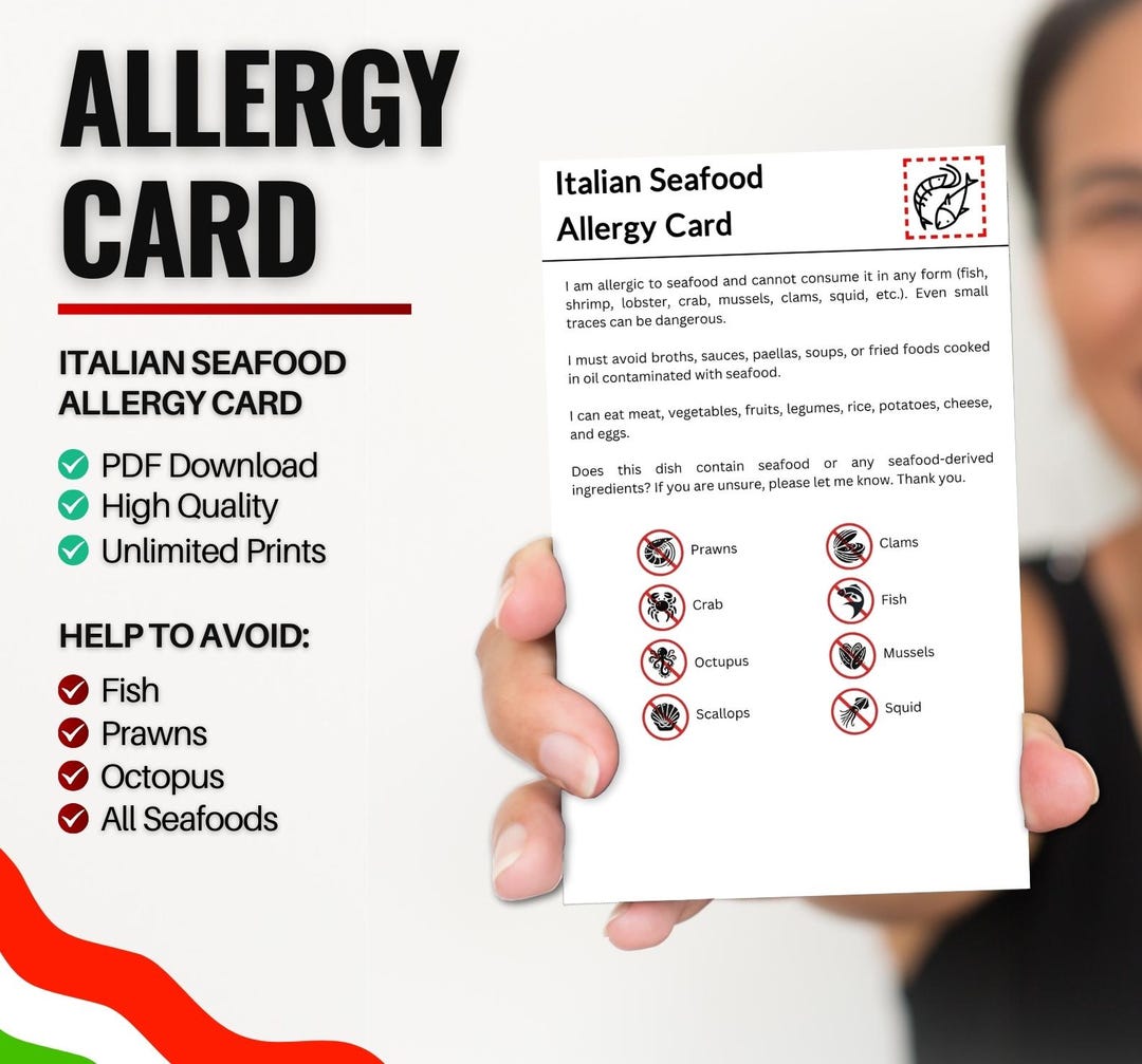 Italian Seafood Allergy Card for Travel & Restaurants Fish and