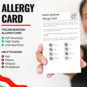 Italiaanse zeevruchtenallergiekaart voor reizen en restaurants | Vis- en zeevruchtenallergie in Italië (digitale download)
