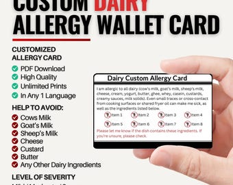 Wallet-Size Custom Dairy Allergy Card for Travel | Milk, Cheese, Butter-Free | Lactose Intolerance & Severe Allergy | One Language