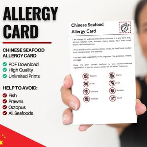 Chinese zeevruchtenallergiekaart voor reizen en restaurants | Vis- en zeevruchtenallergie in China (digitale download)