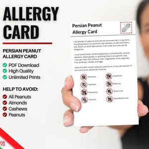 Perzische (Farsi) pinda-allergiekaart voor reizen en restaurants | Pinda- en notenallergie in Iran (digitale download)