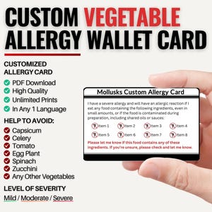 Wallet-Size Custom Vegetable Allergy Card for Travel | Mild Sensitivity, Intolerance, or Allergy | Personalized in One Language