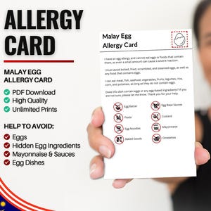 Maleisische ei-allergiekaart voor reizen en restaurants | Eierallergie in Maleisië (digitale download)