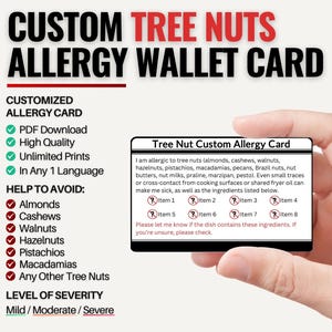 Benutzerdefinierte Baumnuss-Allergie-Karte für die Reise | Nussallergie / Anaphylaxie-Risiko | personalisiert in einer Sprache (Digitaler Download)