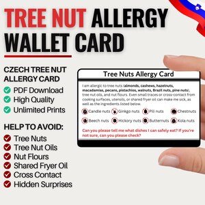 Tsjechische boomnootallergie reiskaart | In het Tsjechisch | Allergie voor boomnoten in Tsjechië | Digitale download voor restaurants en cafés | Allergiekaart voor reizen