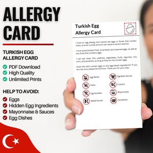 Tarjeta de alergia al huevo en Turquía para viajes y restaurantes / Alergia al huevo en Turquía (Descarga digital)