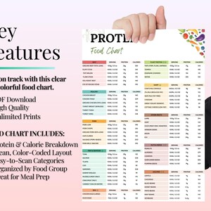 K&ouml;nnte beinhalten: Eine Person h&auml;lt eine farbenfrohe Lebensmitteltabelle mit dem Titel "PROTLI Food Chart" hoch. Die Tabelle enth&auml;lt eine Aufschl&uuml;sselung von Proteinen und Kalorien f&uuml;r verschiedene Lebensmittelgruppen. Der Text enth&auml;lt "Key Features" und "Stay on track with this clear and colorful food chart."