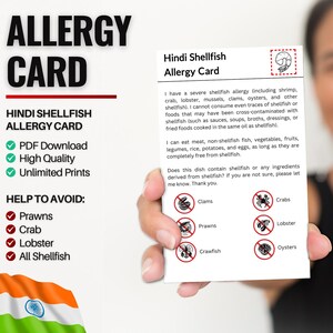 Hindi Muschel Allergie Karte für Reisen und Restaurants | Garnelen- & Krebstier-/Schalentierallergie in Indien (Digitaler Download)