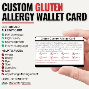 Aangepaste glutenallergiekaart op portemonnee-formaat voor op reis | Coeliakie of -intolerantie | Gepersonaliseerd in één taal (digitale download)