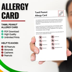 Tamil-pindaallergiekaart voor reizen en restaurants | Allergie voor pinda's en noten in India/Sri Lanka (digitale download)
