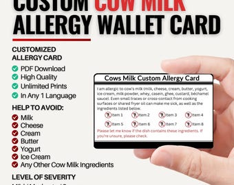 Wallet-Size Custom Cow’s Milk Card for Travel | Dairy Allergy, Lactose Intolerance & Anaphylaxis Risk | Personalized in One Language