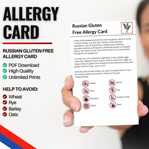 Russische glutenvrije allergiekaart voor reizen en restaurants | Tarwe- en glutenvrije/coeliakie-allergie in Rusland (digitale download)