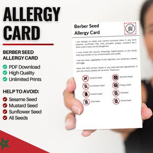 Carte d'allergie aux graines berbères pour les voyages et les restaurants | Allergie au sésame et aux graines au Maroc (téléchargement numérique)