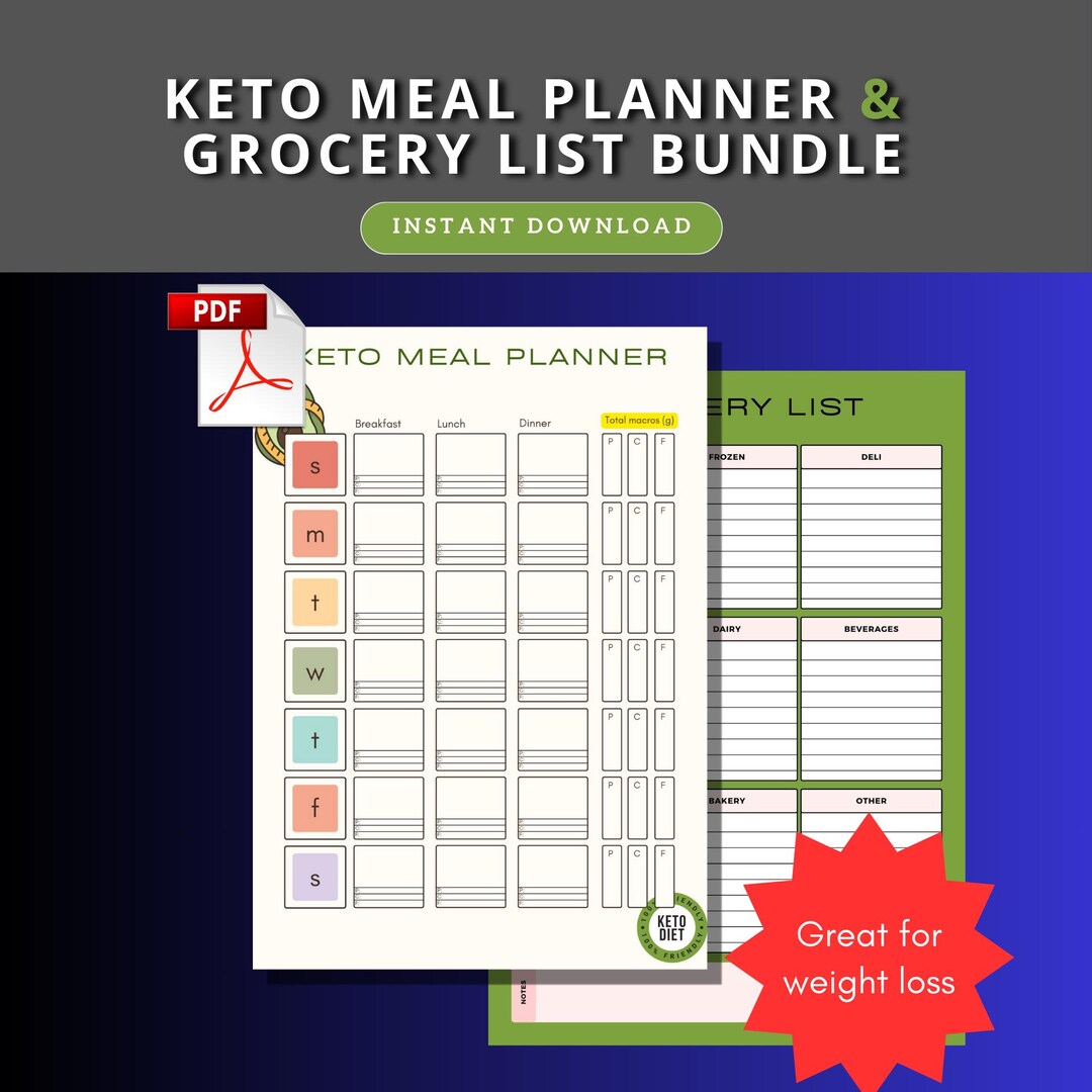 Keto Diet Meal Planner & Grocery List Bundle (digital Pdfs) Printable