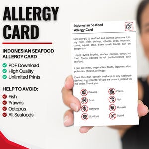 Indonesische kaart met allergie voor zeevruchten | Restaurantkaart voor zeevruchtenallergie | Allergiekaarten voor op reis (digitale download)