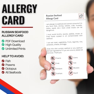 Russische kaart voor zeevruchtenallergie | Restaurantkaart voor zeevruchtenallergie | Allergiekaarten voor reizen in Rusland (digitale download)