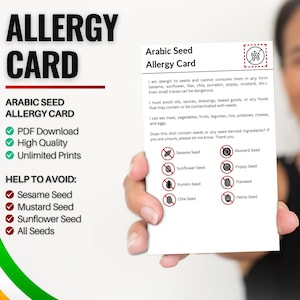 Cartão de alergia a sementes árabes para viagens e restaurantes | Alergia a gergelim e sementes na Arábia Saudita (download digital)