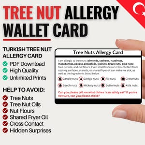 Turkse boomnootallergie reiskaart | Allergie voor boomnoten in Turkije | Digitale download voor restaurants en cafés | Allergiekaart voor reizen