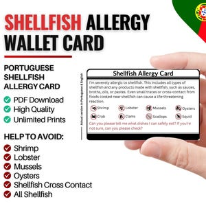 Può includere: Una carta portafoglio per l'allergia ai crostacei con la scritta "Shellfish Allergy Card". La carta elenca i crostacei da evitare, tra cui gamberi, aragosta, cozze e ostriche. La carta indica anche che l'utente è gravemente allergico ai crostacei.