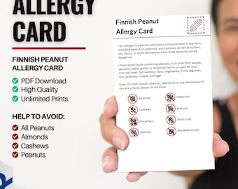 Scheda di allergia alle arachidi finlandesi per viaggi e ristoranti / Allergia alle arachidi e alla frutta secca in Finlandia (download digitale)