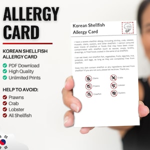 Koreaanse allergiekaart voor schaaldieren voor reizen en restaurants | Allergie voor garnalen en schaal- en schelpdieren in Korea (digitale download)