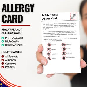 Maleisische pinda-allergiekaart voor reizen en restaurants | Pinda- en notenallergie in Maleisië (digitale download)