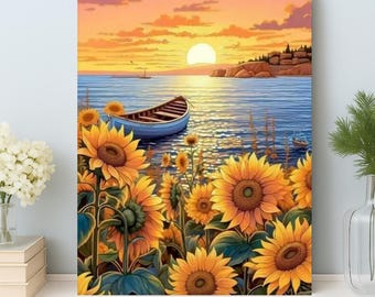 Kit de pintura por números "Atardecer de girasol": Arte relajante en lienzo para adultos