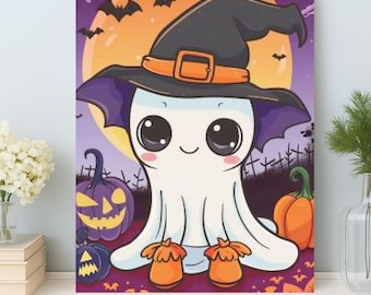Kawaii Ghost Paint by Numbers Kit: Halloween Witch Pumpkin Art Canvas