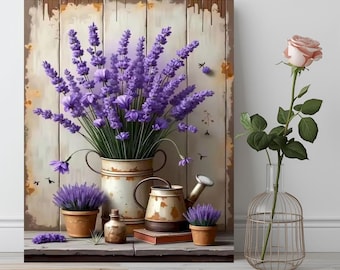 Lavendelstrauß Malen nach Zahlen Kit: Vintage Krug & Blumen, rustikale DIY Acrylwand
