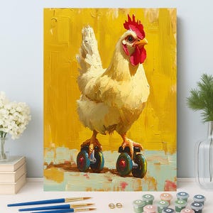 May include: A whimsical painting of a chicken on roller skates. The chicken is rendered in shades of yellow and white, with a bright red comb and wattle. The background is a textured yellow, and the roller skates have blue and red wheels.