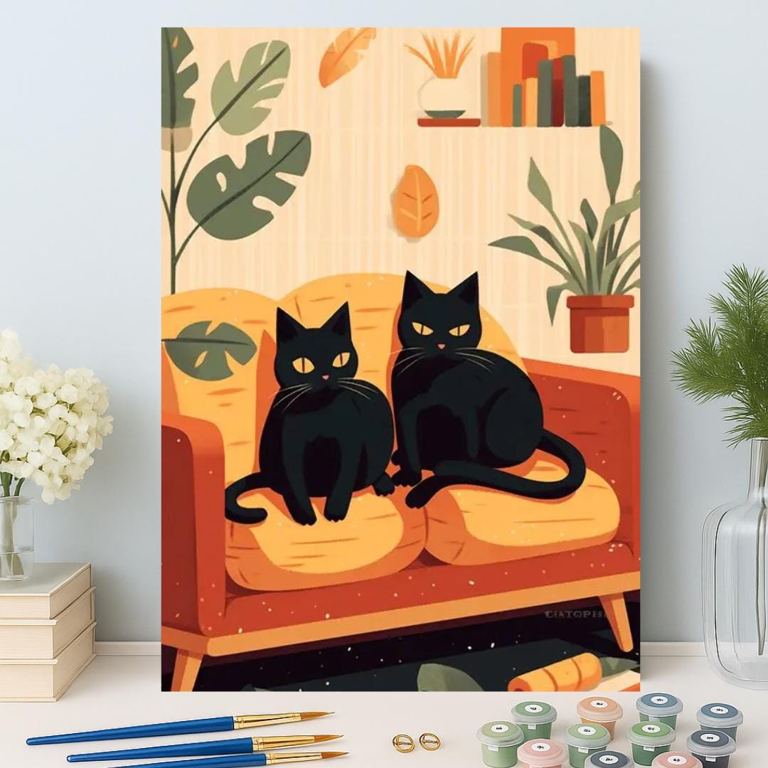 Black Cat Paint by Numbers Kit: DIY Cozy Cat Painting, Modern Feline ...