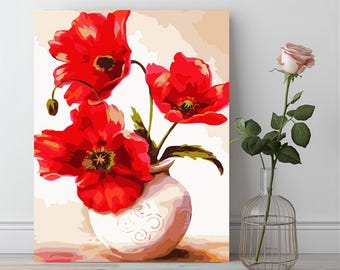 Poppy Flowers Paint by Numbers Kit: DIY Red Floral Canvas Wall Art, Home Decor