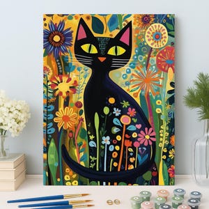 Colorful Black Cat Paint by Numbers Kit: DIY Acrylic Painting, Vibrant Floral Canvas Wall Art, Creative Home Décor Gift