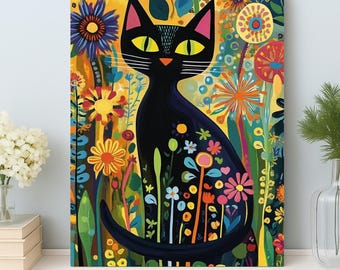 Black Cat Floral Paint by Numbers Kit: DIY Acrylic Canvas Art