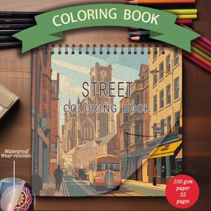 Könnte beinhalten: Ein Spiralbuch "Street Coloring Book" mit einer detaillierten Straßenillustration. Das Cover zeigt einen Oldtimer-Bus, Gebäude und den Text "COLORING BOOK" und "STREET COLORING BOOK". Enthält 100 g/m² Papier und 32 Seiten.