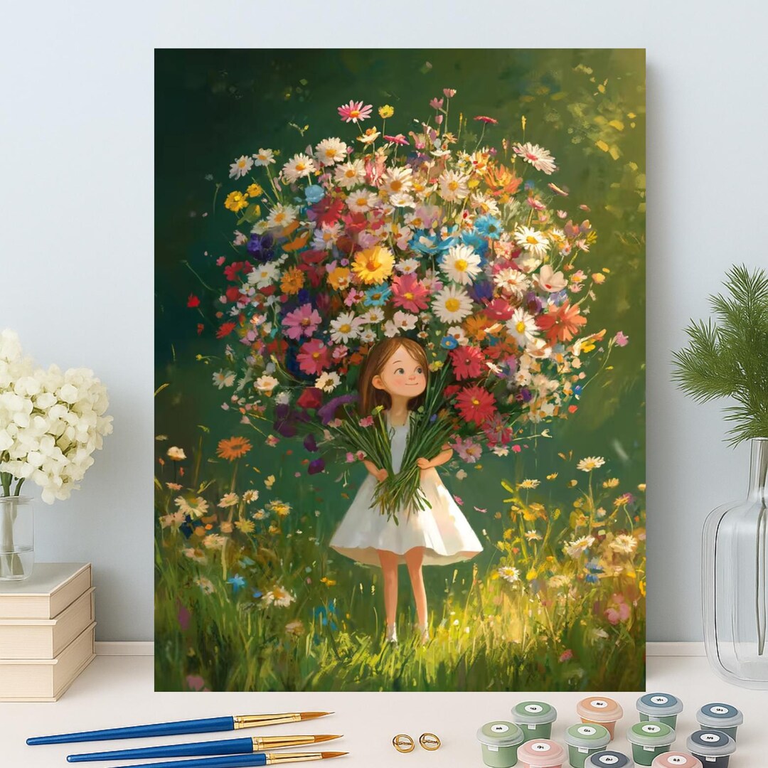 Girl With Flowers Paint by Numbers Kit: DIY Acrylic Wildflower Art - Etsy