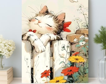 Cat Paint by Numbers Kit: DIY Floral Acrylic Painting on Canvas