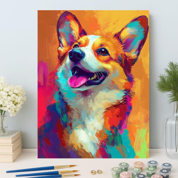 Corgi Paint by Numbers Kit: Colorful Dog Painting, DIY Pop Wall Art Pet Portrait