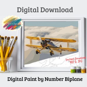 May include: A framed digital paint-by-number biplane image. The biplane is yellow and grey, set against a light blue and white sky. The words "Digital Download" and "Digital Paint by Number Biplane" are displayed.