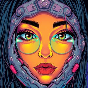 Puede incluir: Una ilustración digital de la cara de una mujer con un casco metálico futurista. La mujer tiene el pelo largo y negro, ojos verdes brillantes y una boca roja brillante. El casco tiene un diseño geométrico y cubre parcialmente su rostro.